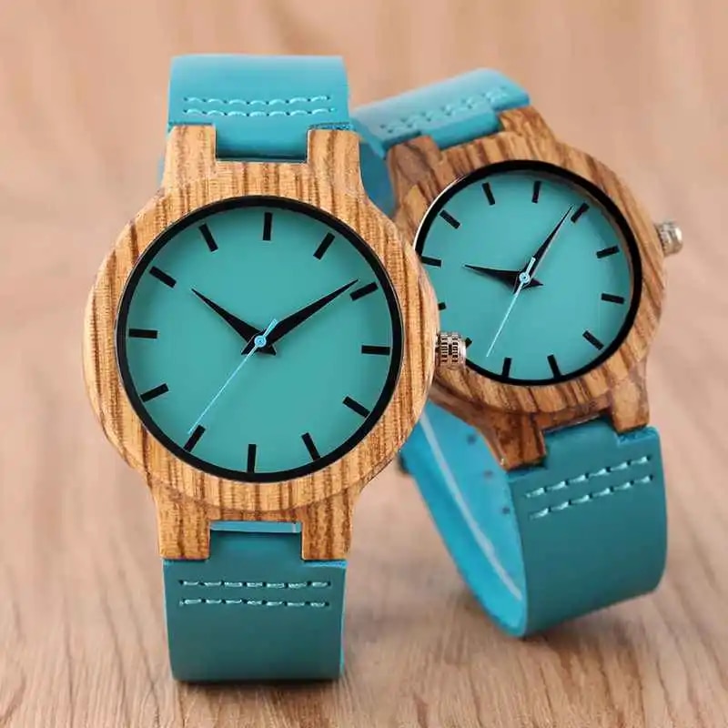 HAND-MADE Top Luxury Royal Blue Wood Watch Quartz Wristwatch 100% Natural Bamboo Clock Fashion Leather Valentine's Day Best Gifts 2020 NEW