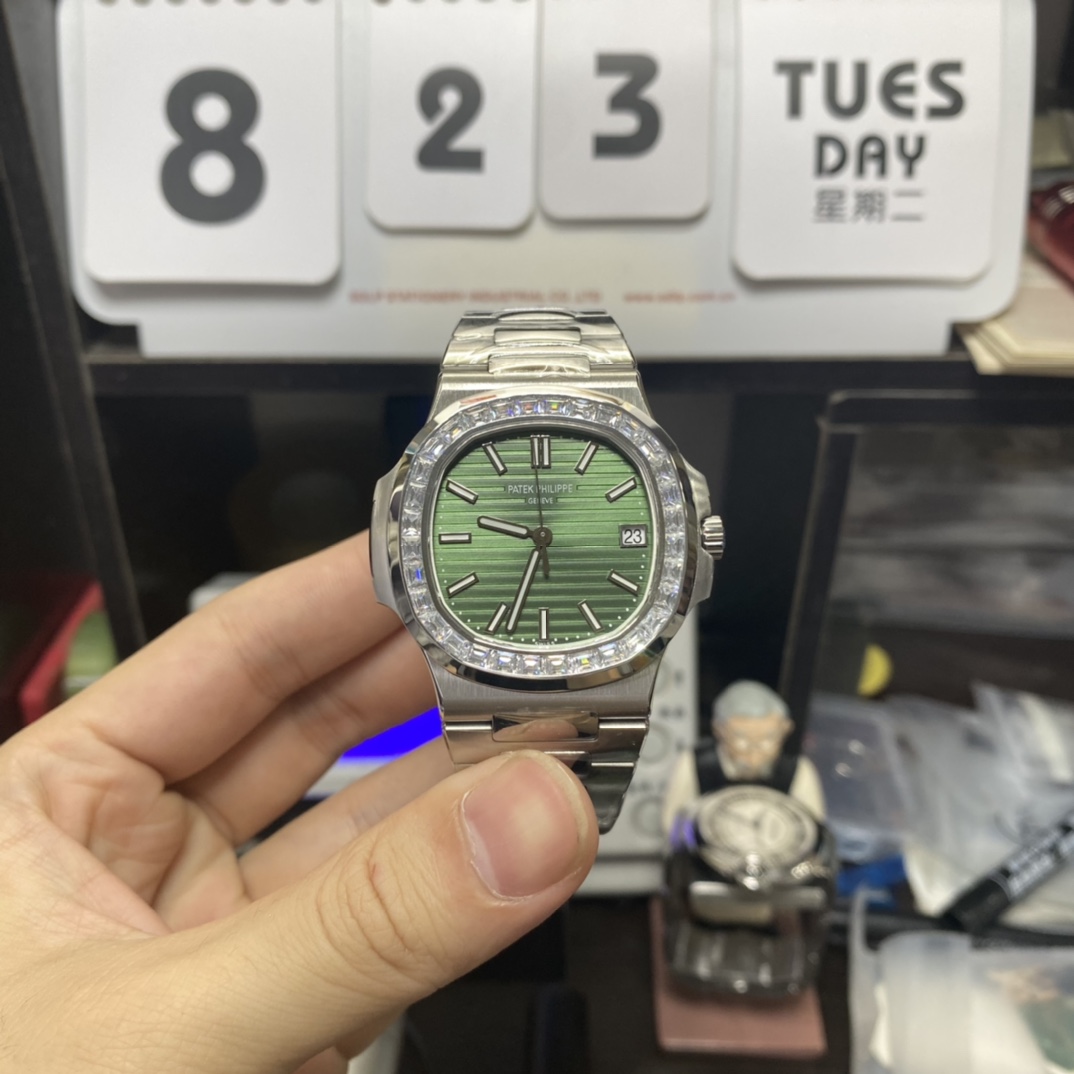 Patek Philippe Nautilus series 57111300A-001, Olive Green Dial with Square Diamond Bezel, 40mm Size.