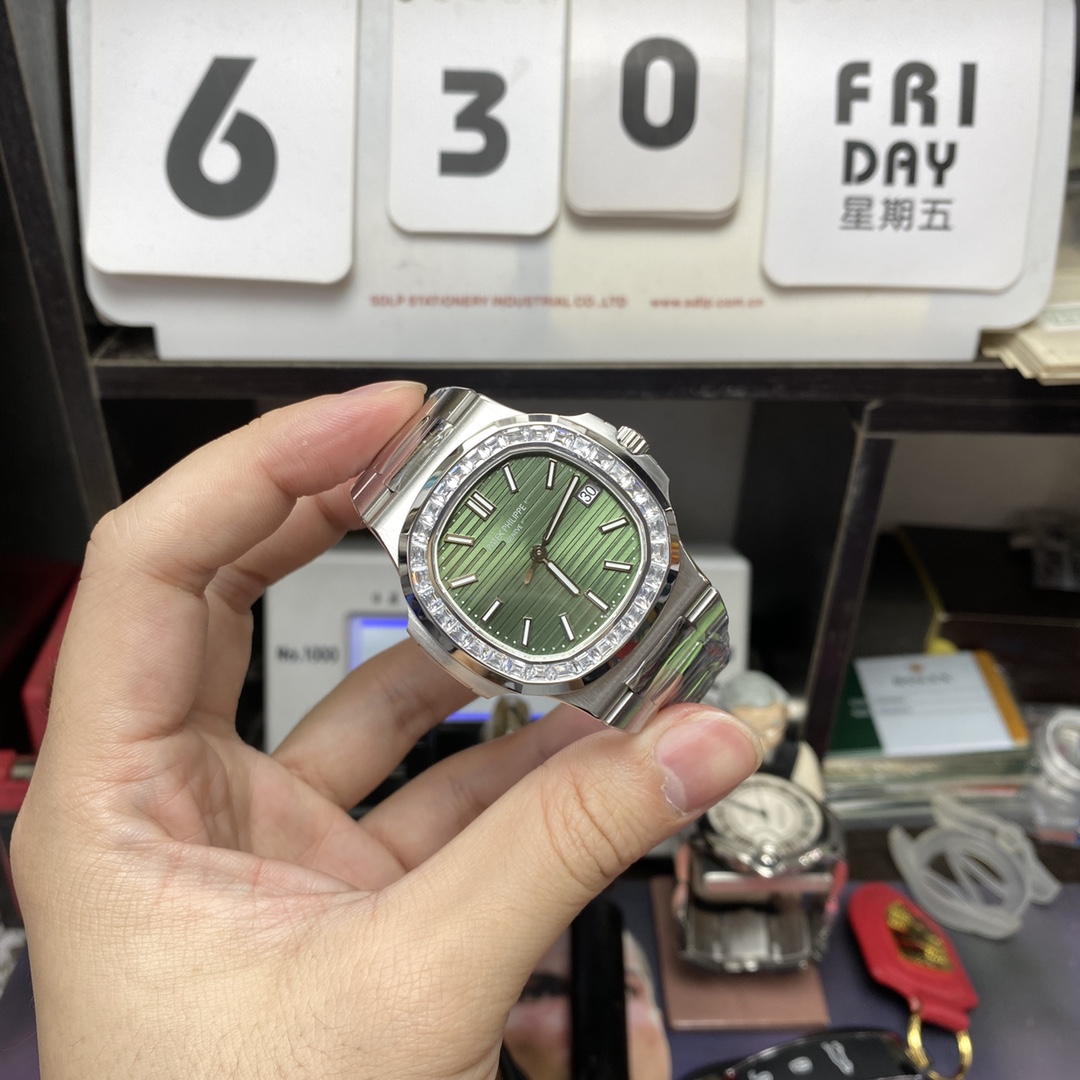 Patek Philippe Nautilus series 57111300A-001, Olive Green Dial with Square Diamond Bezel, 40mm Size.