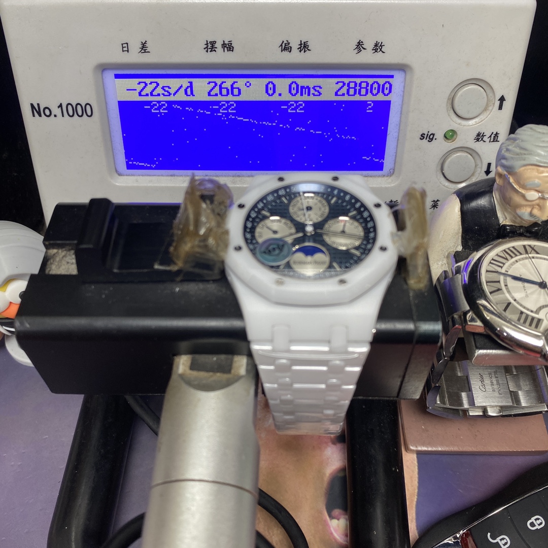 Audemars Piguet Royal Oak Offshore Series 26579CB.OO.1225CB.01, White Ceramic Blue Dial Full Ceramic Case Complete, Date Day Month Moon Phase Functions, 41mm size.