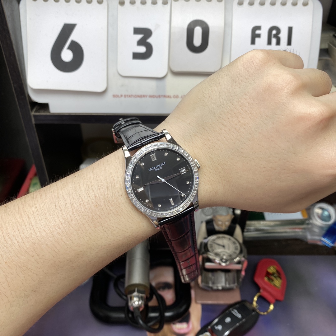 Patek Philippe Classical Watch Series 5298P-012, Black Dial and Square Diamond Bezel Italian Calfskin Leather Strap, 38mm Size.