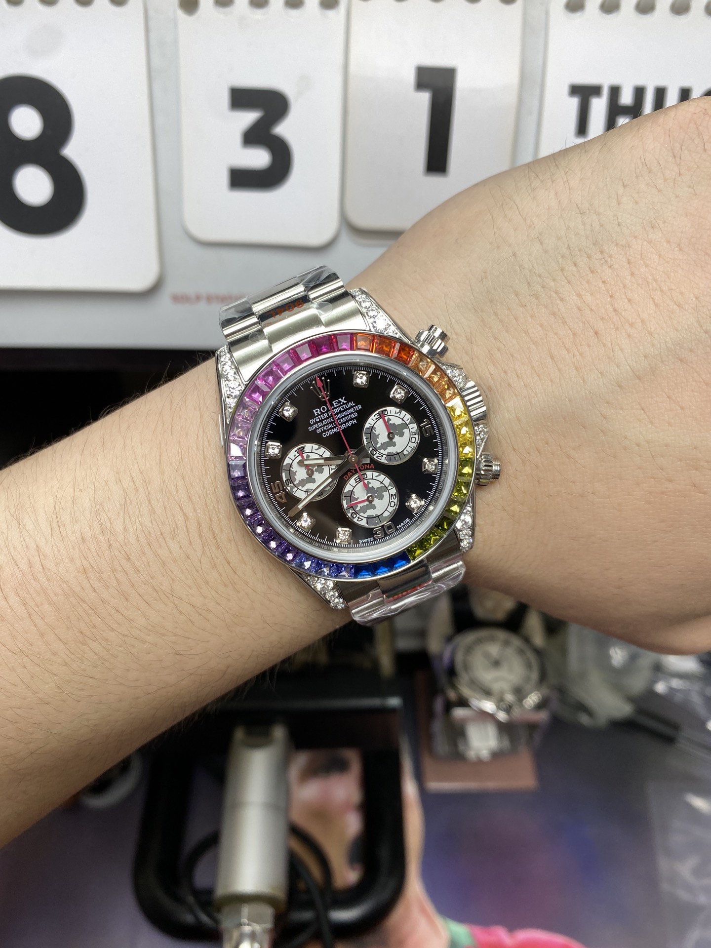 Rolex Cosmograph Daytona Series RAINBOW DAYTONA  sliver case, Diamond scale, 40mm size.
