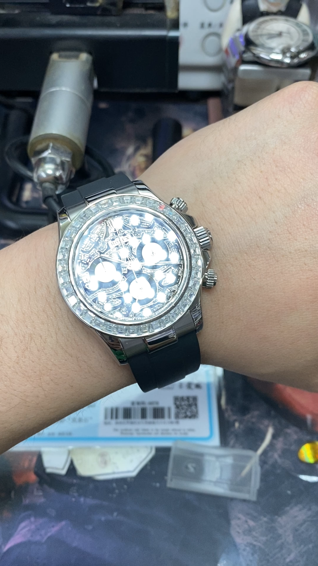 Rolex Cosmograph Daytona Series TIGER DAYTONA 18K WHITE GOLD CASE FULL DIAMOND BREZEL AND DIAL 40mm size.