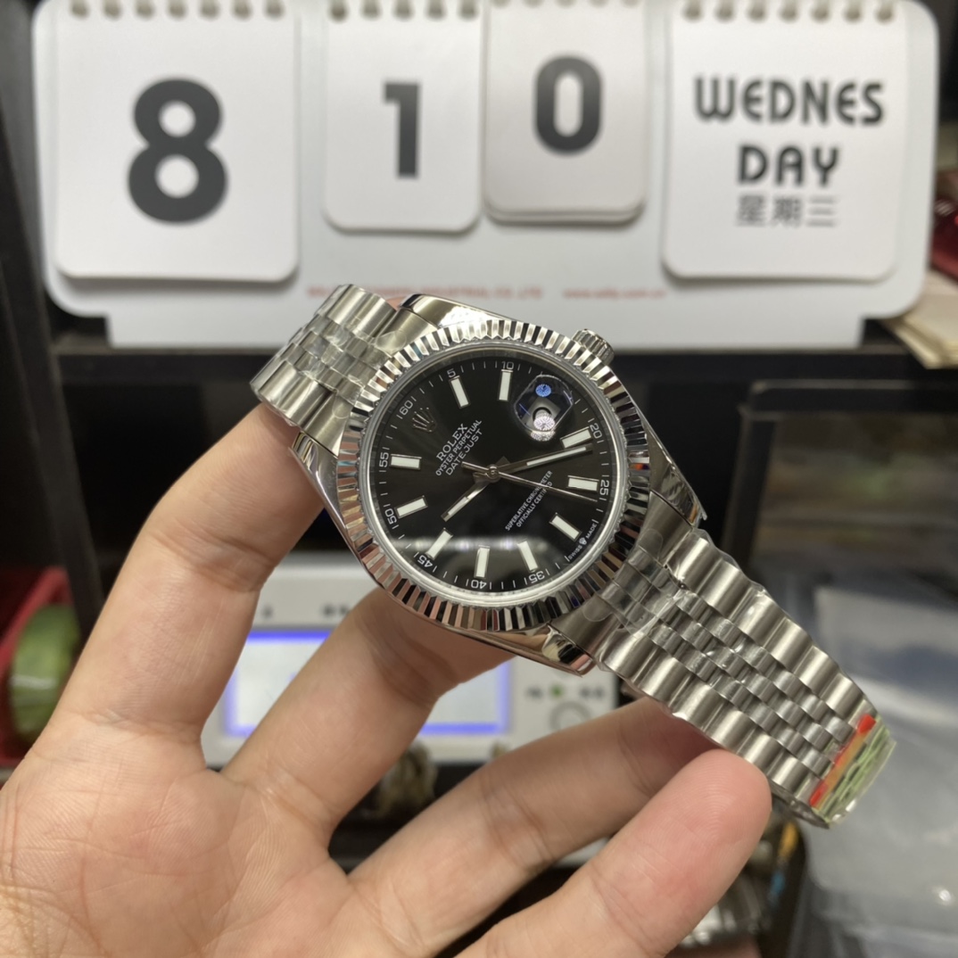 Rolex Datejust Series m126334-0018, Black Dial with Stick Hour Markers, 41mm size, Jubilee stainless steel bracelet.