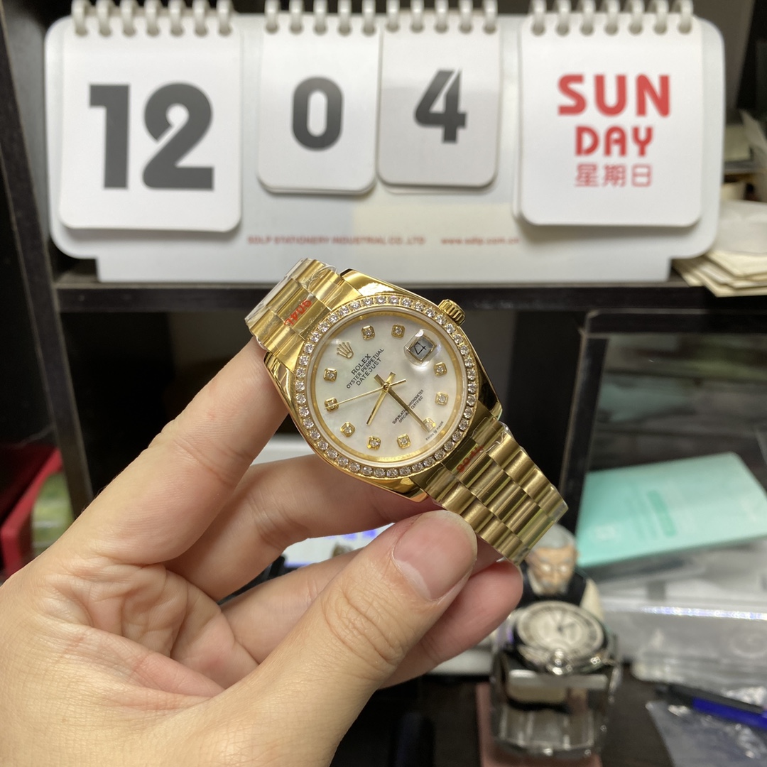 Rolex Datejust Series 116243-63603, Full Gold Diamond Bezel, 36mm Size, Three-Link Steel Bracelet.