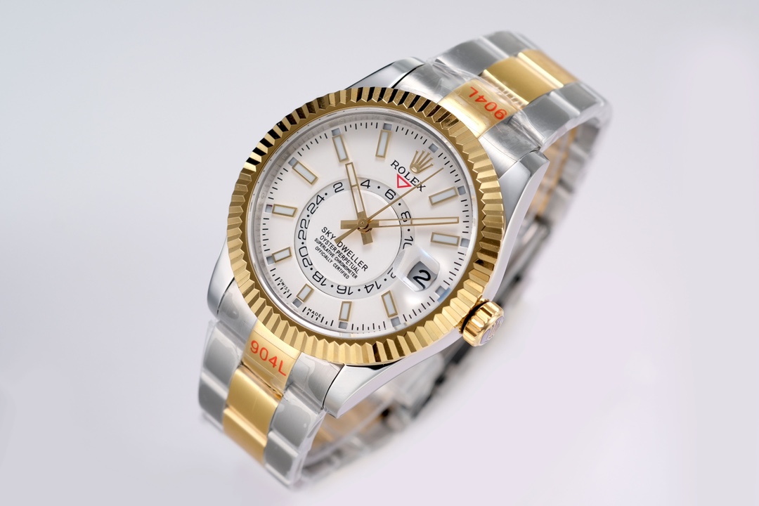 Rolex SKY-DWELLER series white Dial 18k gold brezel,  18k gold-Steel Bracelet ,Month Date and GMT Dual Time Zone Functions, 42mm Size.