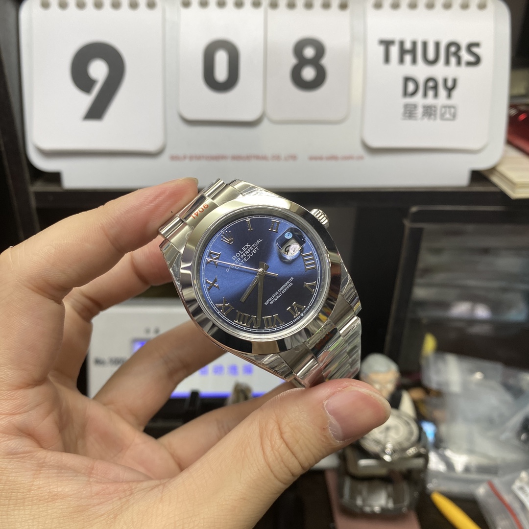 Rolex Datejust series m126300-0017, blue dial featuring Roman numeral markers, 41mm size.