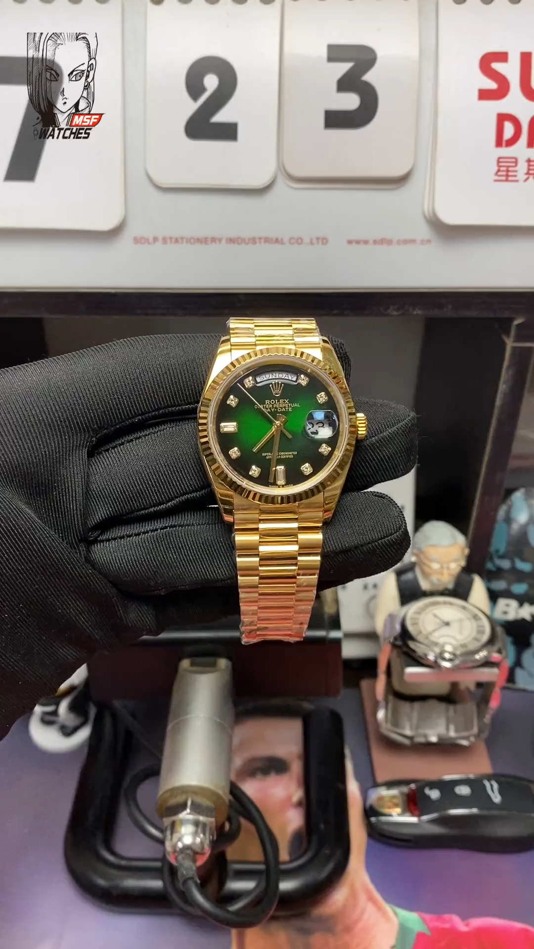 Rolex Day-Date series m128238-0069, Full Gold with Green Dial Diamond Hour Markers, 36mm Size.