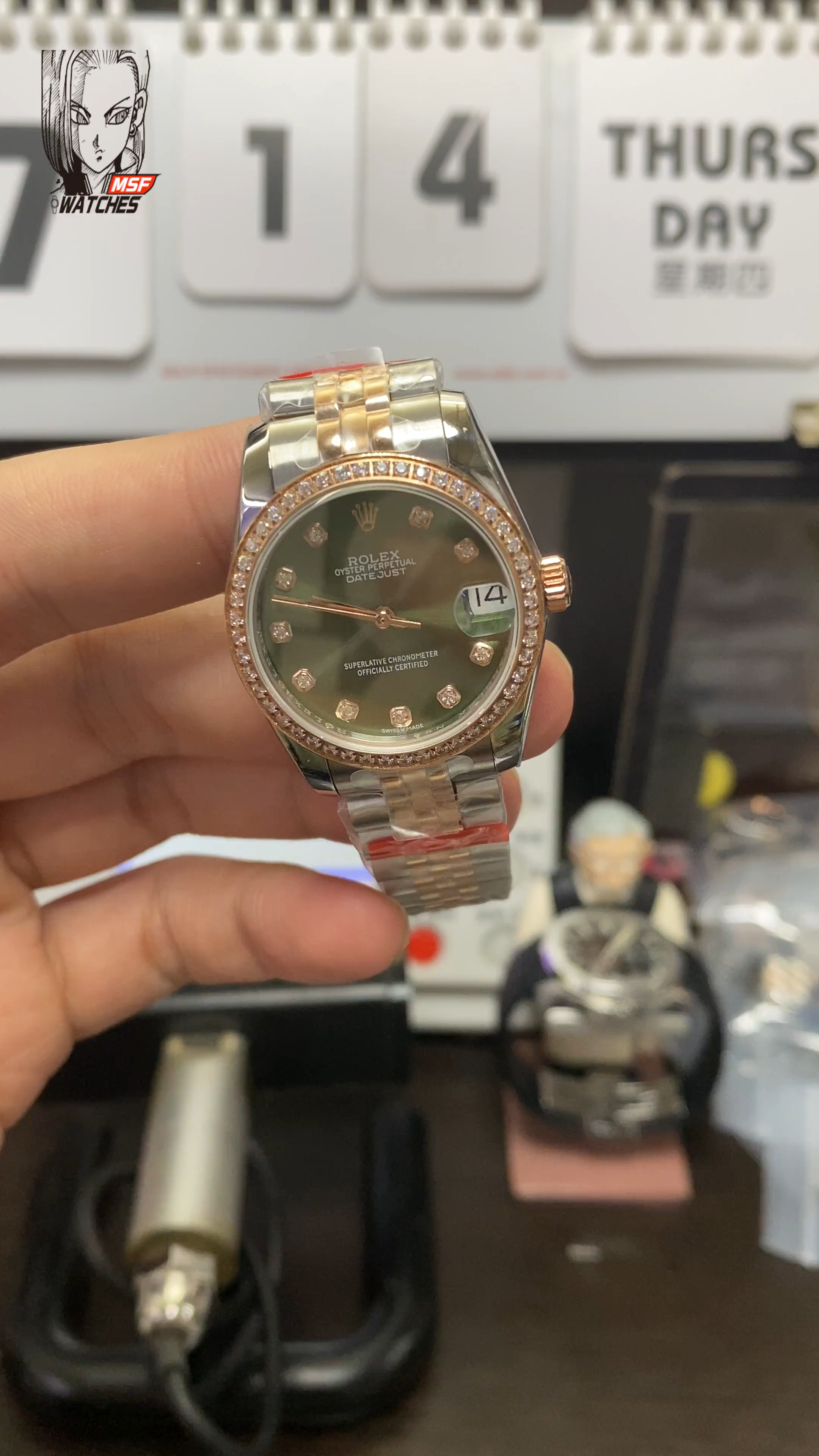 Rolex Datejust series m278383rbr-0030, Two-Tone Gold Case with Green Dial and Diamond Bezel, 31mm size, Jubilee bracelet.
