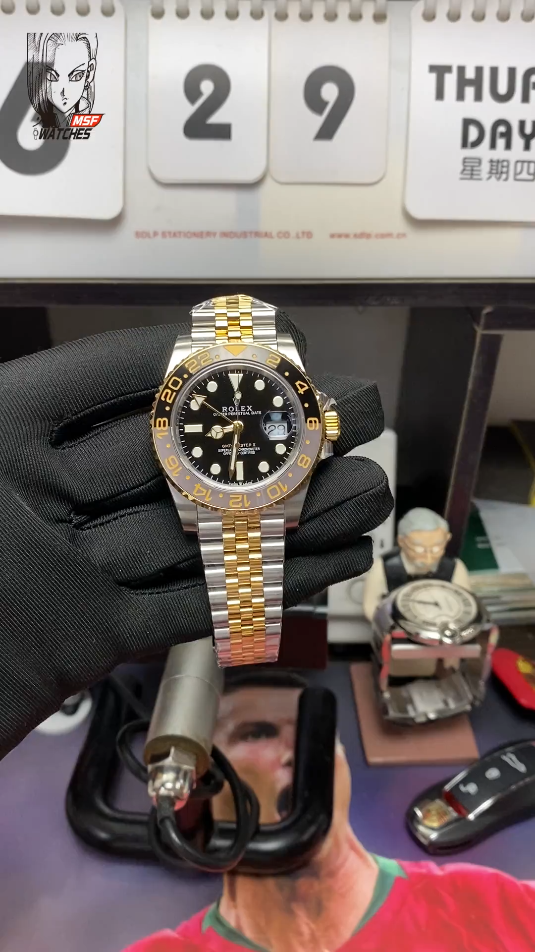 Rolex GMT-Master II series m126713grnr-0001, InterGold Black/Grey Ceramic Bezel InterGold Five-Bead Chain Steel Bracelet, 40mm size.