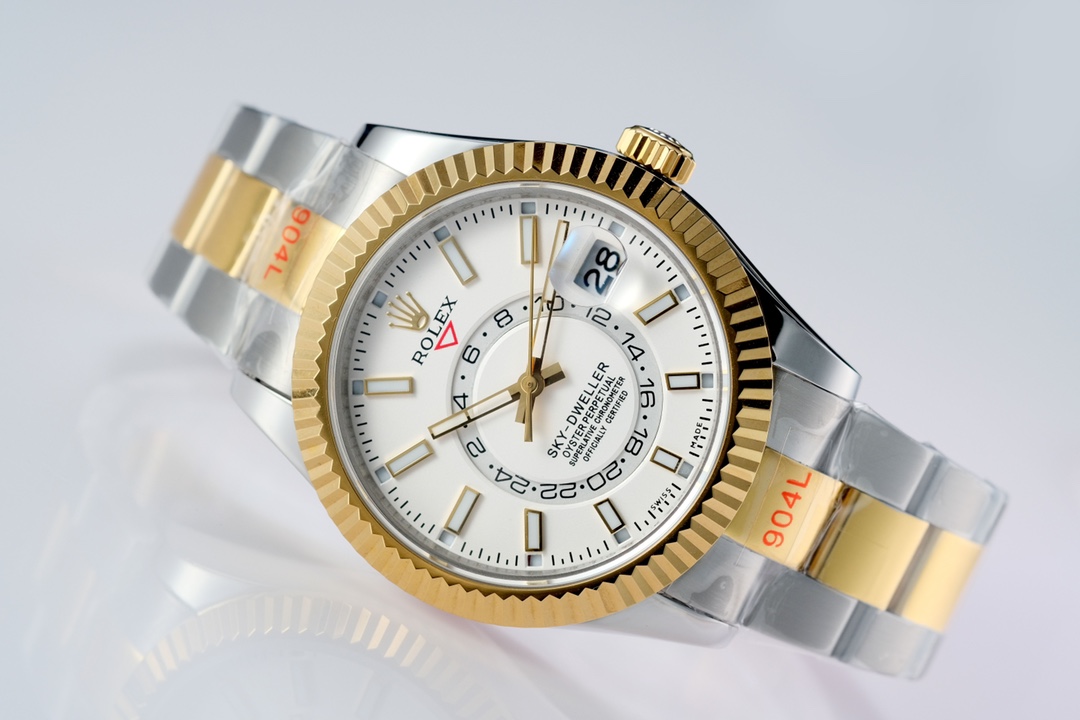 Rolex SKY-DWELLER series white Dial 18k gold brezel,  18k gold-Steel Bracelet ,Month Date and GMT Dual Time Zone Functions, 42mm Size.