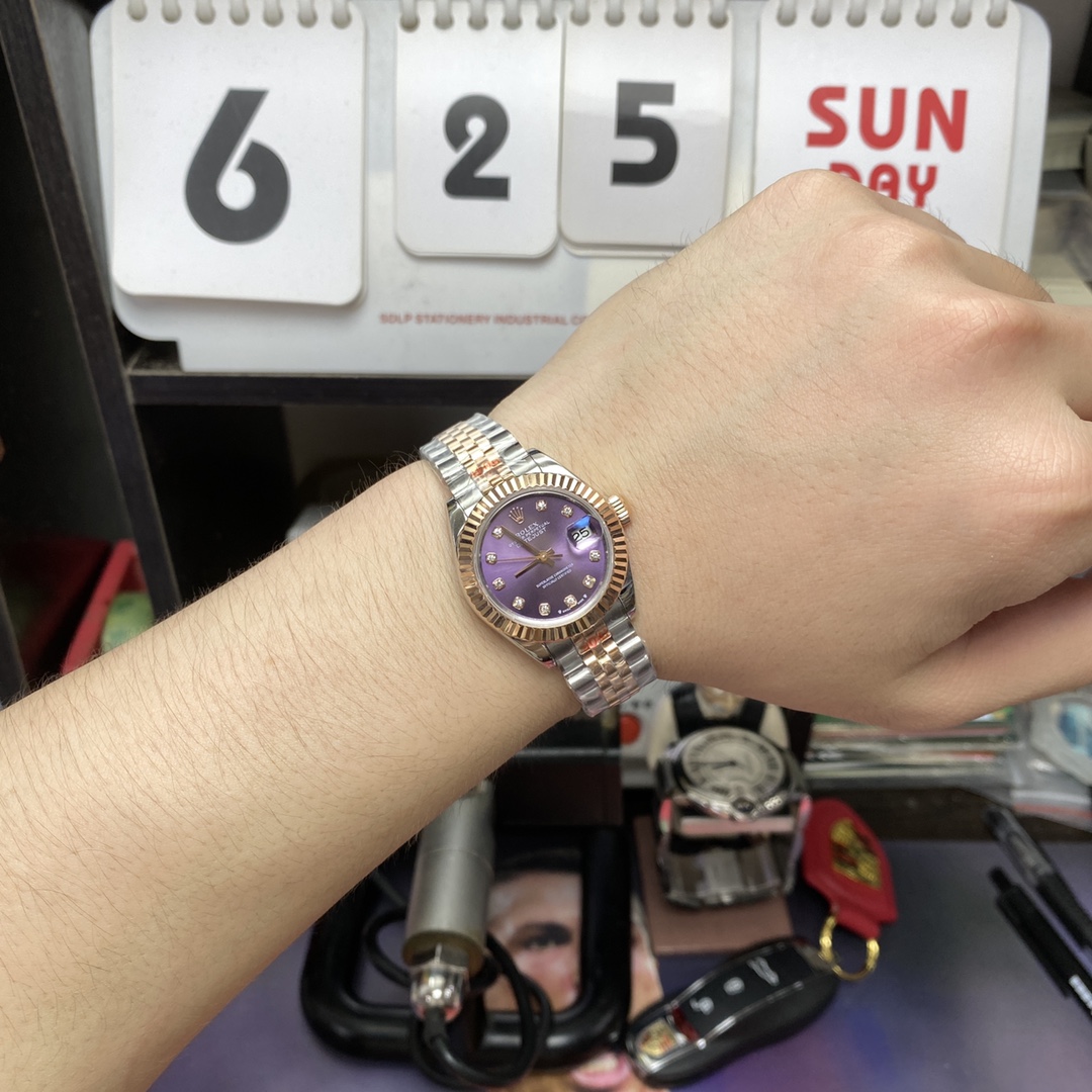 Rolex Datejust series m279171-0015, Rose Gold with Purple Dial and Diamond Hour Markers, 28mm Size.