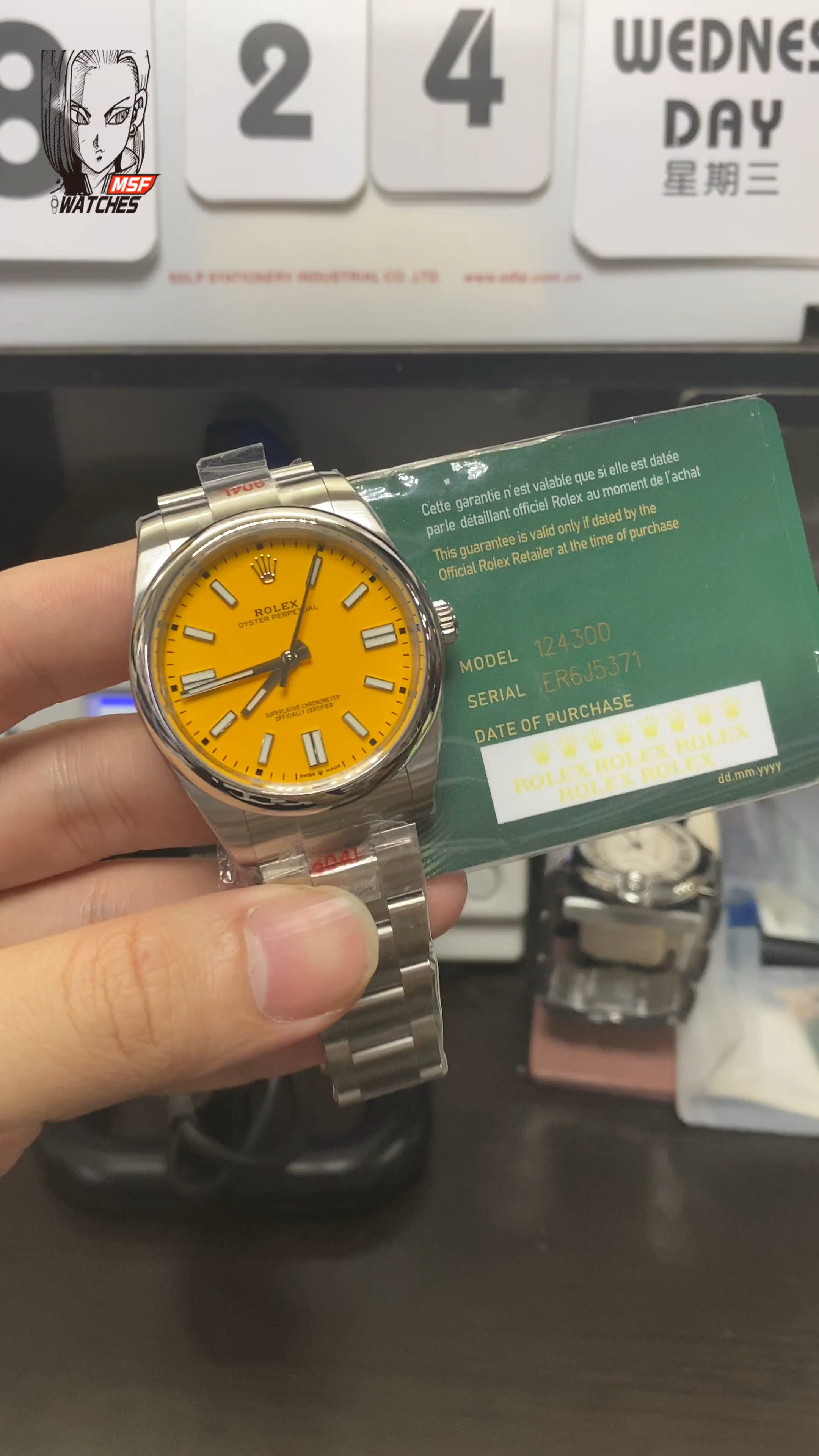 Rolex Oyster Perpetual Series m124300-0004, Yellow Dial, 41mm size.