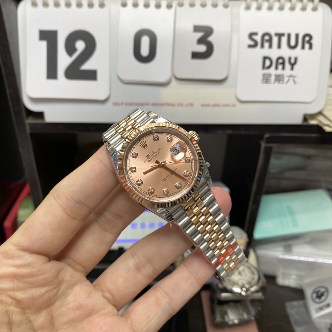 Rolex Datejust Series m126331-0008, Pink Dial with Checkered Bezel Two-Tone Rose Gold Case, 36mm Size, Five-Link Steel Bracelet.