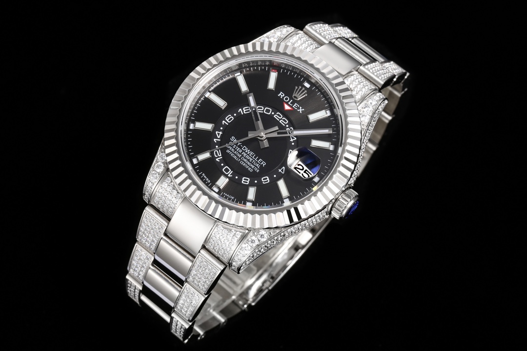 Rolex SKY-DWELLER series Black/BLUE Dial, FULL diamond case,  ,Month Date and GMT Dual Time Zone Functions, 42mm Size.