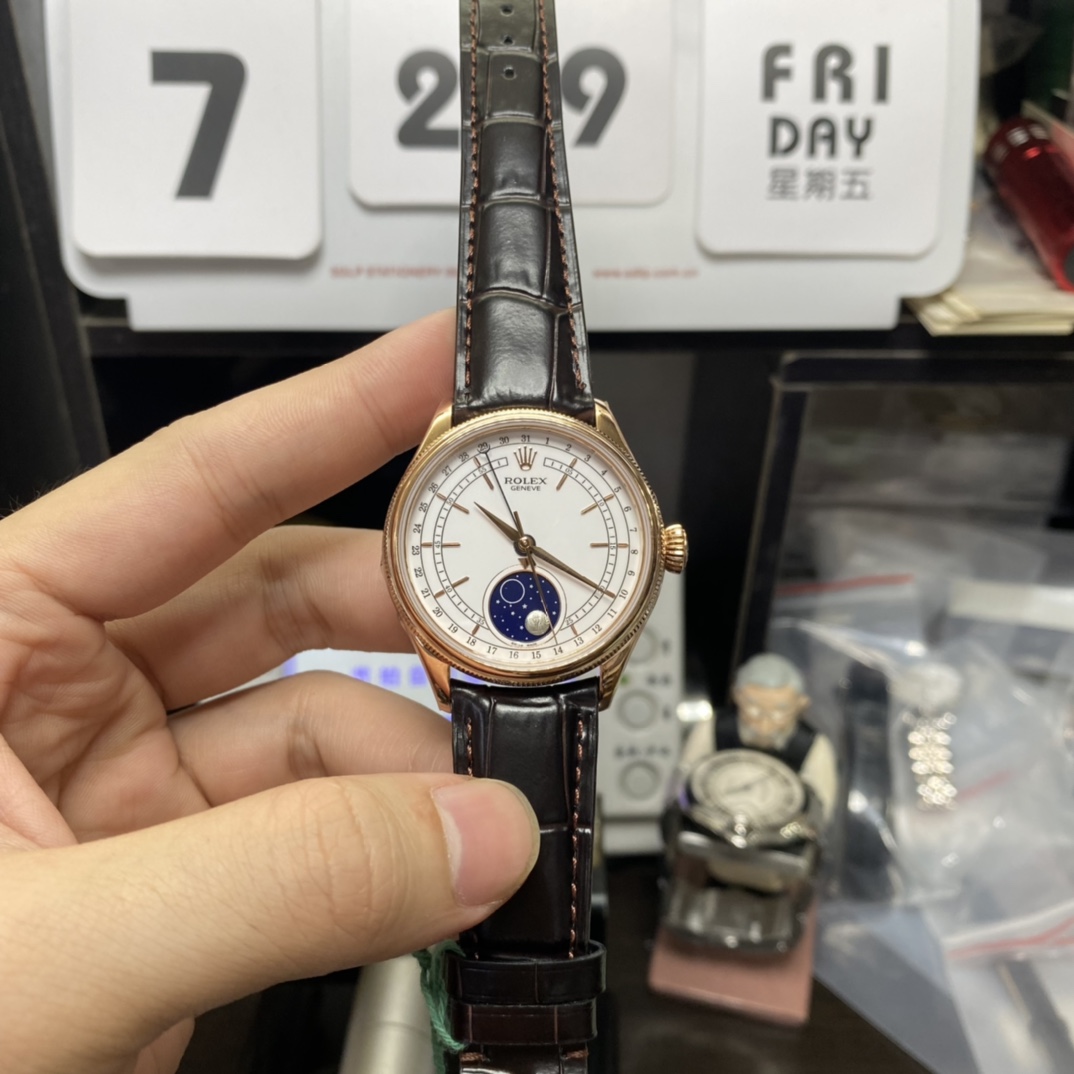 Rolex Cellini Series m50535-0002, Moonphase Watch with a White Dial Rose Gold Case Meteorite Moonphase, 39mm Size.