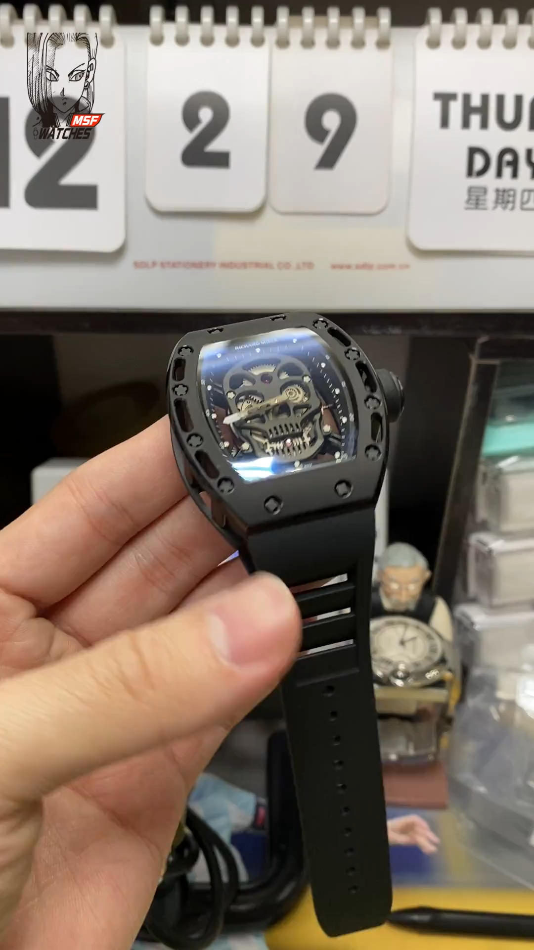 Richard Mille Men's Collection series RM052, Skull Design Black Case Rubber Strap, 42.7×50mm size.