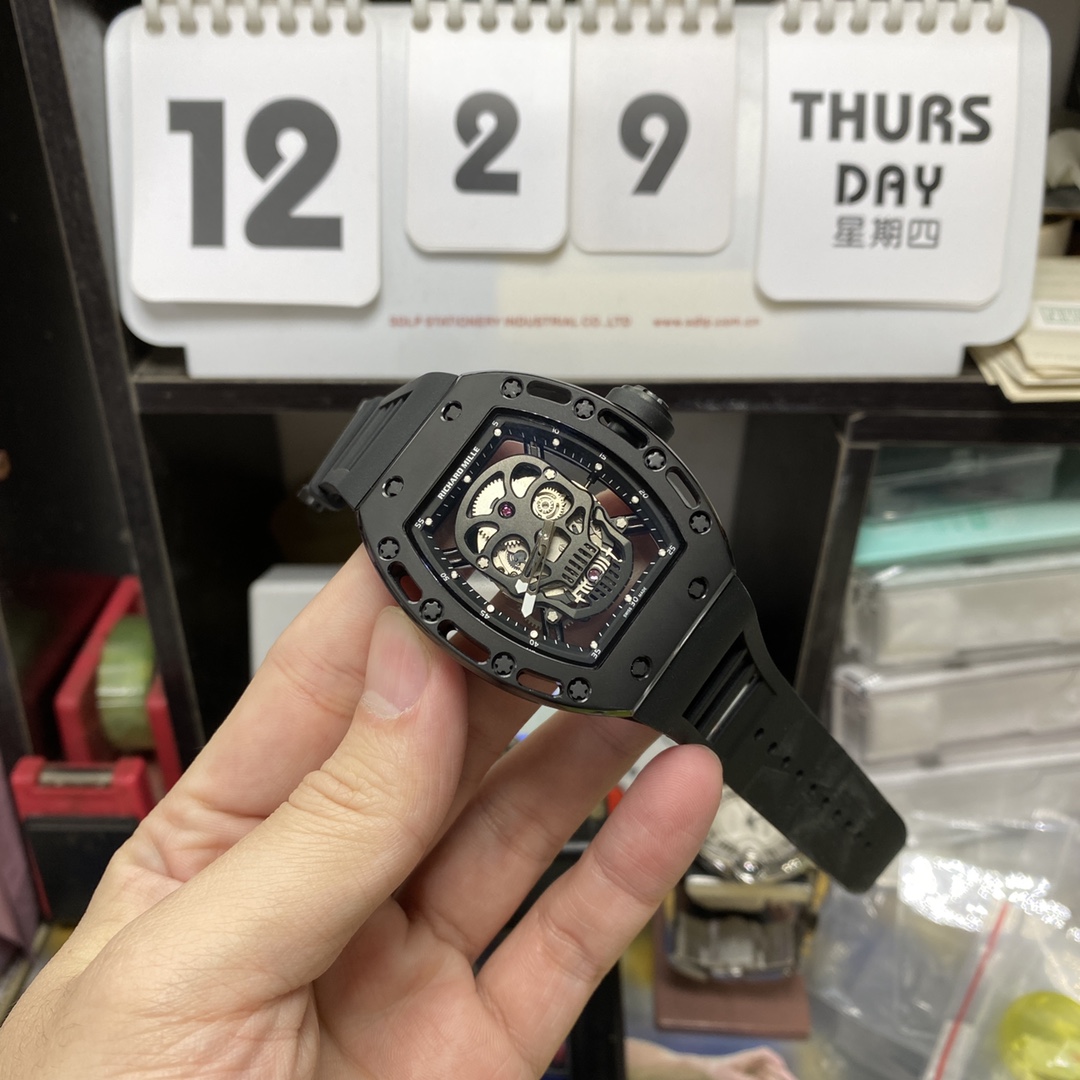 Richard Mille Men's Collection series RM052, Skull Design Black Case Rubber Strap, 42.7×50mm size.