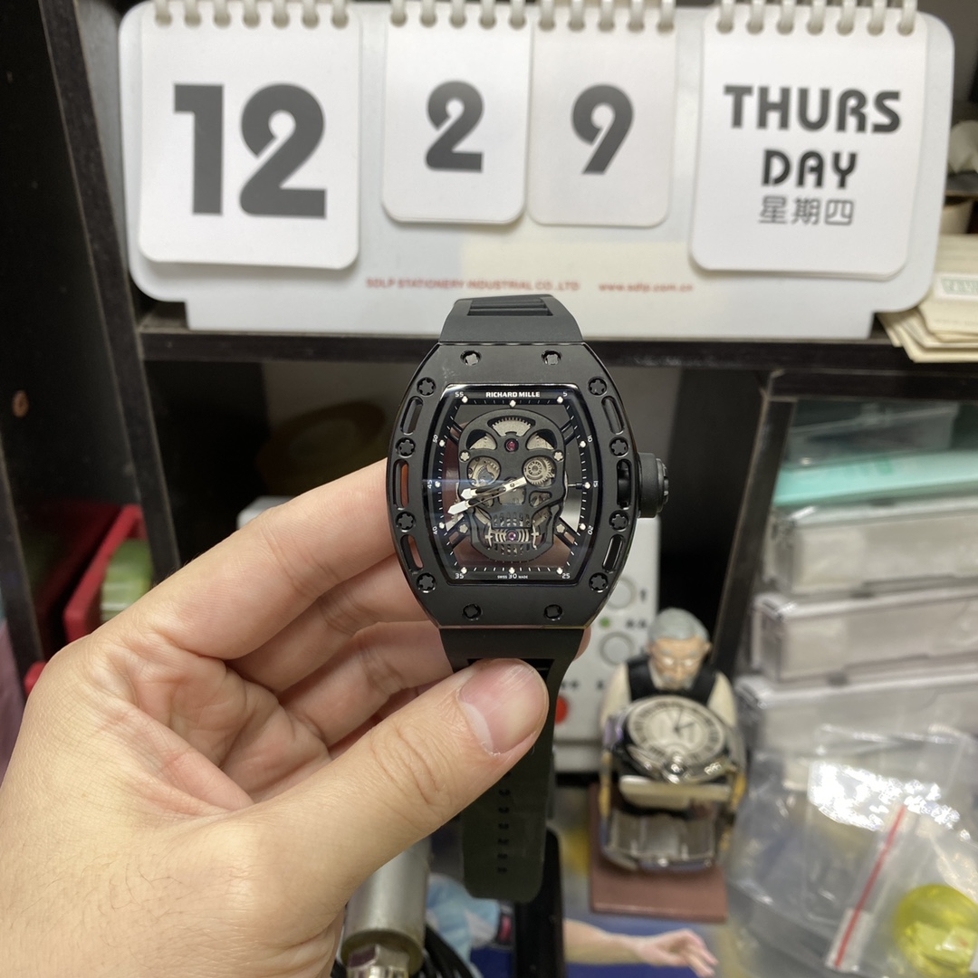 Richard Mille Men's Collection series RM052, Skull Design Black Case Rubber Strap, 42.7×50mm size.