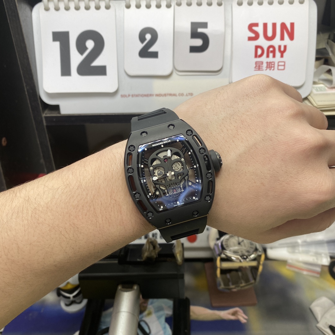 Richard Mille Men's Collection series RM052, Skull Design Black Case Rubber Strap, 42.7×50mm size.