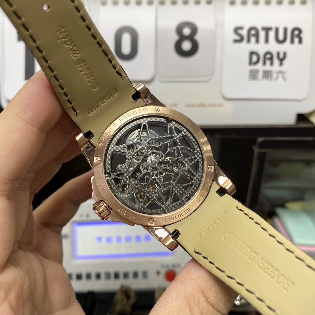 Roger Dubuis Royal Oak Series RDDBEX0395, Rose Gold Case All Hollowed Out with American Alligator Leather Strap, 45mm Size.