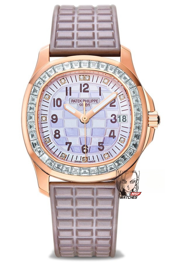 Patek Philippe Aquanaut series 5072R-001, White Mother-of-Pearl Dial Rose Gold Case with Diamond Bezel, Women 35.6mm Size.