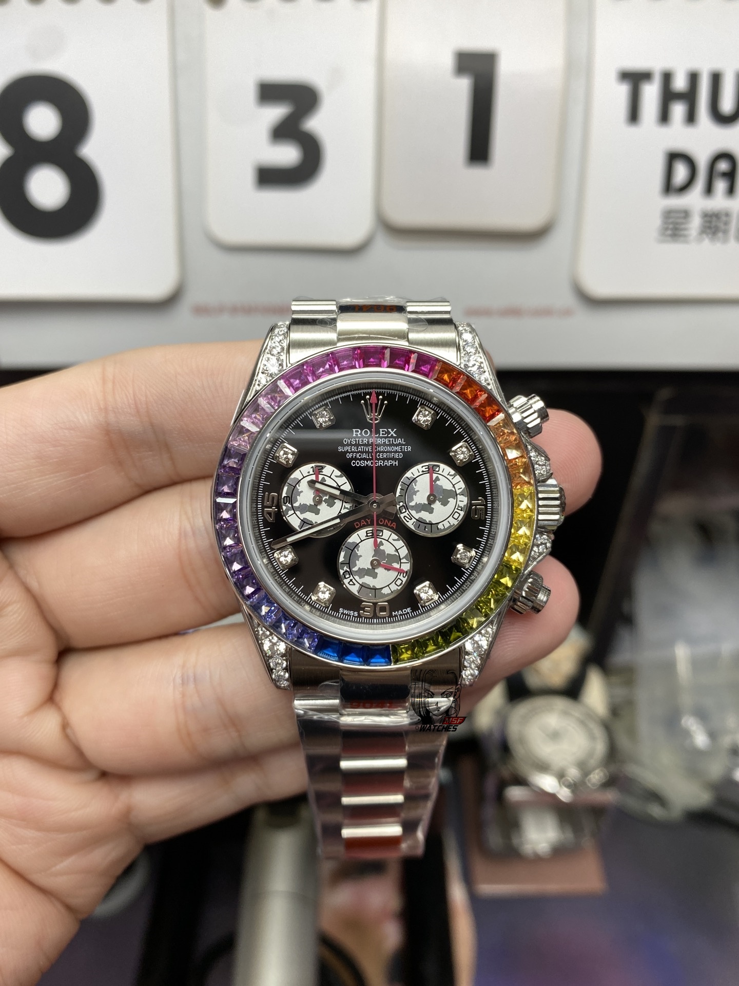 Rolex Cosmograph Daytona Series RAINBOW DAYTONA  sliver case, Diamond scale, 40mm size.