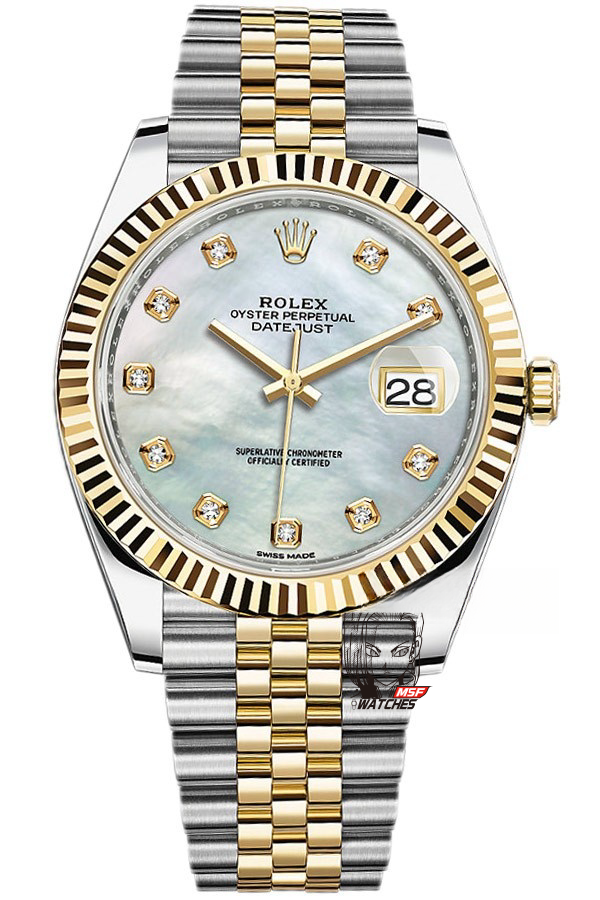 Rolex Datejust series m126333-0018, Two-Tone Gold Case with Mother-of-Pearl Dial, 41mm size, Jubilee stainless steel bracelet.
