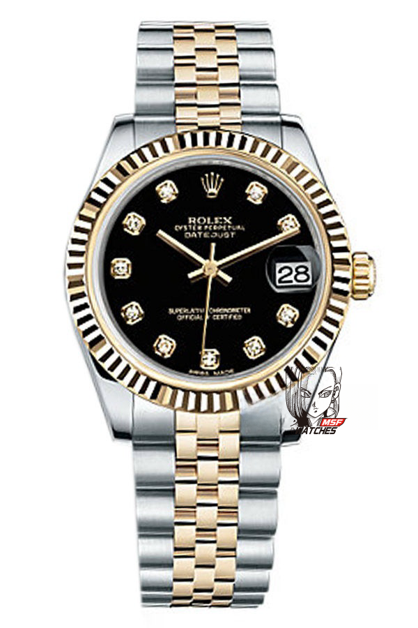 Rolex Datejust Series 178273, Two-Tone Gold Case Black Dial with Diamond Hour Markers, 31mm Size