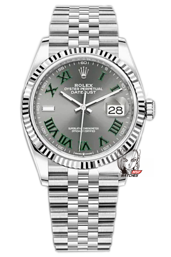 Rolex Datejust series m126234-0045, Green Roman Numerals on a Green Dial, 36mm size.