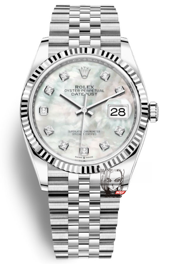 Rolex Datejust Series m126234-0019, White Mother-of-Pearl Dial with Diamond Hour Markers, 36mm size, Jubilee stainless steel bracelet.